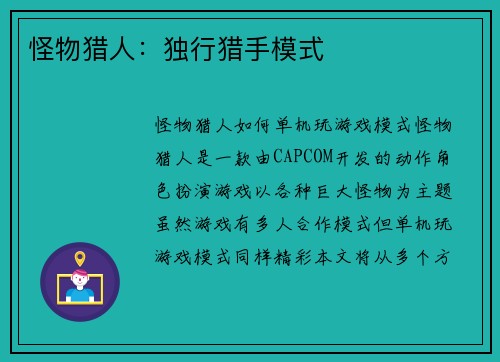 怪物猎人：独行猎手模式