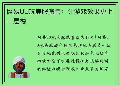 网易UU玩美服魔兽：让游戏效果更上一层楼