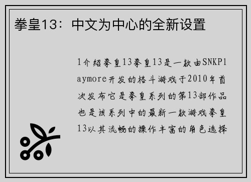 拳皇13：中文为中心的全新设置