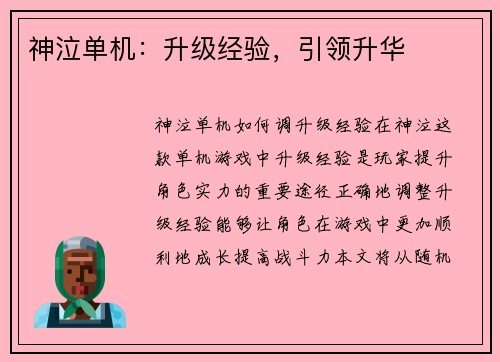 神泣单机：升级经验，引领升华